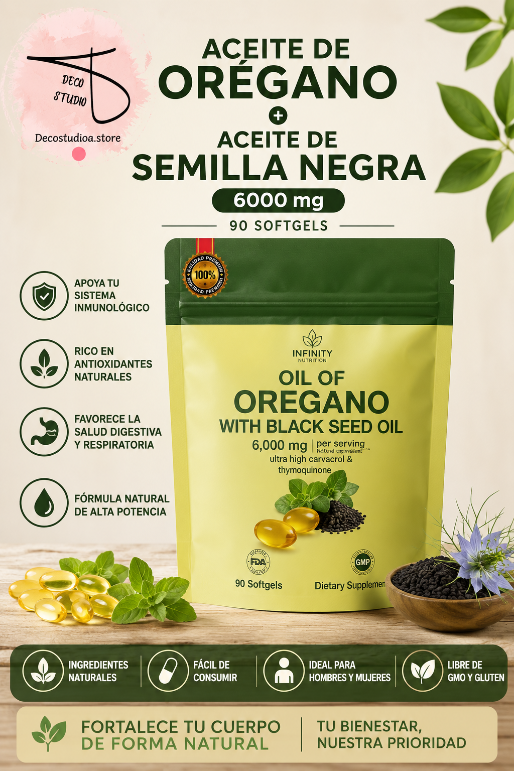 ACEITE DE ORÉGANO + ACEITE DE SEMILLA NEGRA 6000 mg (90 Sofgel)
